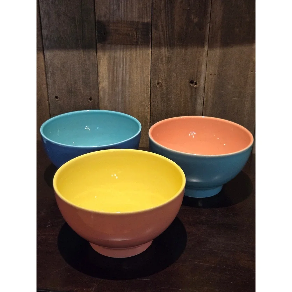 Set of 3 Porto Alegre Cereal Soup Bowls Pastel Ceramic 2 Tone Portugal Colorful‎